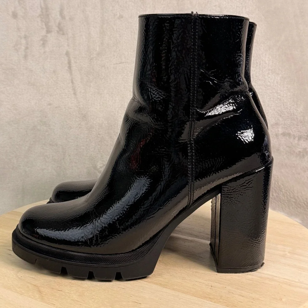 Steve Madden Vintage Black Patent Platform Ankle Boots Block‎ Heel Lug Sole 10M